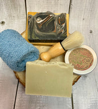Load image into Gallery viewer, Men's Shaving Set - Lime, Ginger Patchouli Soap bar,  Salt soap bar, Cream, Soap rack, Flannel & brush - Mad About Nature