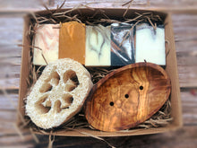 Load image into Gallery viewer, Handmade Soap Selection Box with Olive Wood Soap Dish and a Loofah Chunk - Palm Free Soap - Mad About Nature
