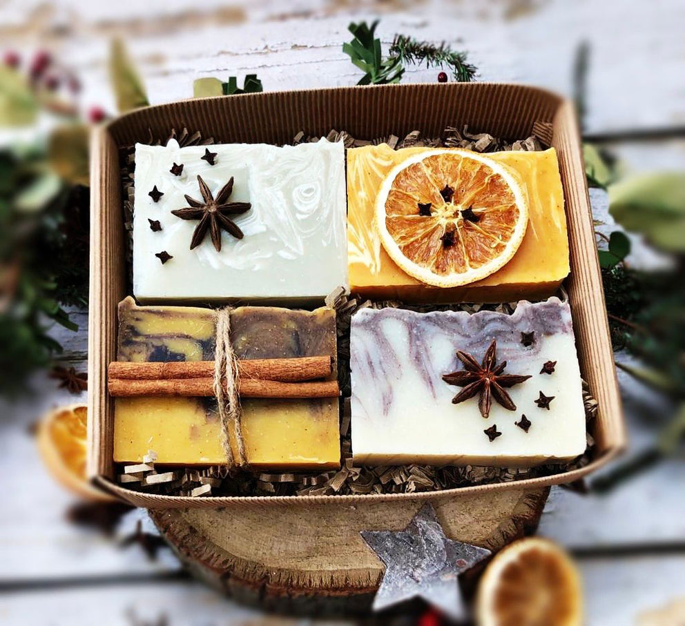 Handmade Luxury Christmas Four Soap Selection Gift Box. All natural, vegan & vegetarian friendly.