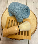 Men's Shaving Set - Lime, Ginger Patchouli Soap bar,  Salt soap bar, Cream, Soap rack, Flannel & brush - Mad About Nature