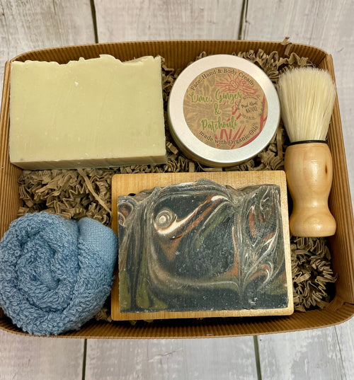 Men's Shaving Set - Lime, Ginger Patchouli Soap bar,  Salt soap bar, Cream, Soap rack, Flannel & brush - Mad About Nature