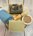 Men's Shaving Set - Lime, Ginger Patchouli Soap bar,  Salt soap bar, Cream, Soap rack, Flannel & brush - Mad About Nature