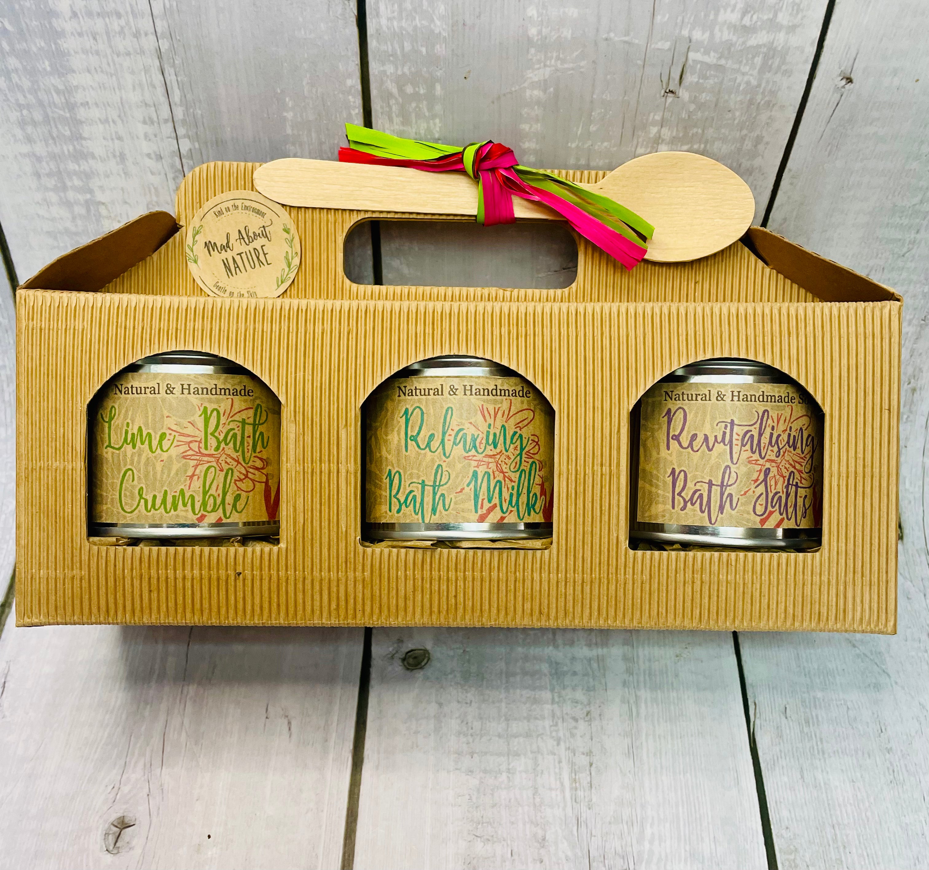 Madaboutnature bath salts gift box with assorted colorful bath salts and natural packaging for relaxing bath experience