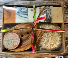 Load image into Gallery viewer, Handmade Soap Selection Box with Olive Wood Soap Dish and a Sisal Scrub Sponge - Palm Free Soap
