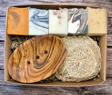 Load image into Gallery viewer, Handmade Soap Selection Box with Olive Wood Soap Dish and a Sisal Scrub Sponge - Palm Free Soap
