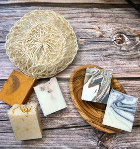 Handmade Soap Selection Box with Olive Wood Soap Dish and a Sisal Scrub Sponge - Palm Free Soap