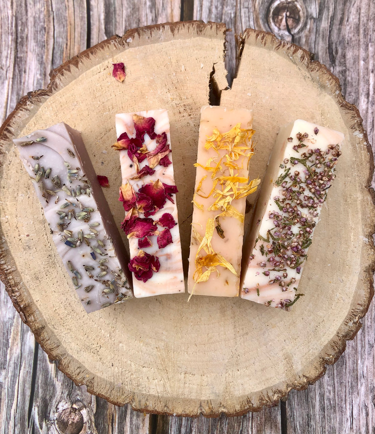 Natural Soap Gift Box of 4 Beautiful Handmade Soaps with Botanical Decoration