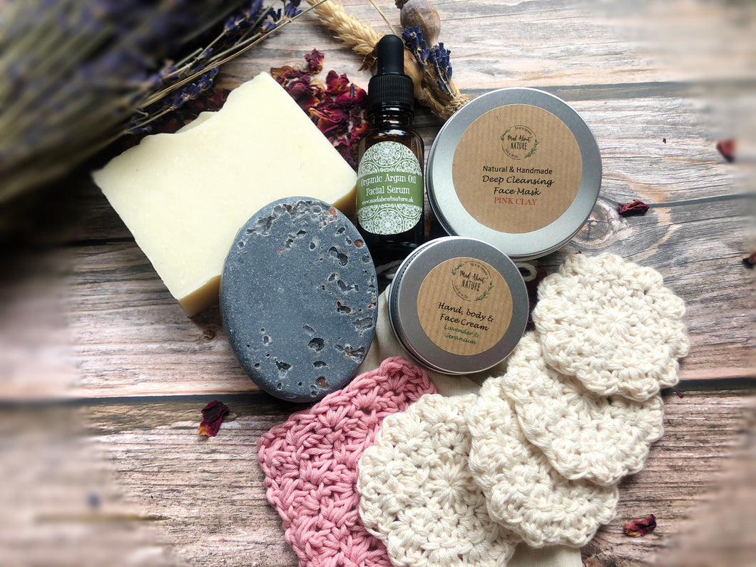 Facial Care Box with Handmade Soap, Himalayan Salt Bar, Crocheted Reusable Face Scrubbies, Argan Facial Oil, Face Mask & Cream. - Mad About Nature