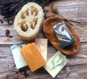 Handmade Soap Selection Box with Olive Wood Soap Dish and a Loofah Chunk - Palm Free Soap - Mad About Nature